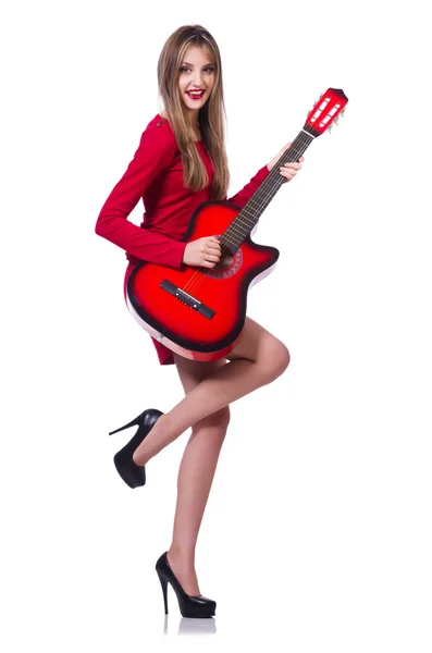 Guitarrista mulher isolada no branco — Fotografia de Stock