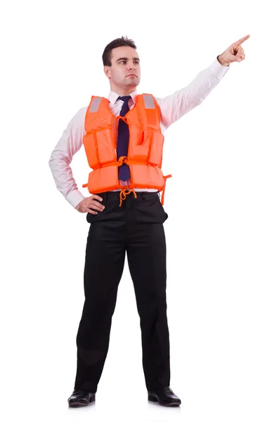 Businessman with rescue safety vest on white — Stock Photo, Image
