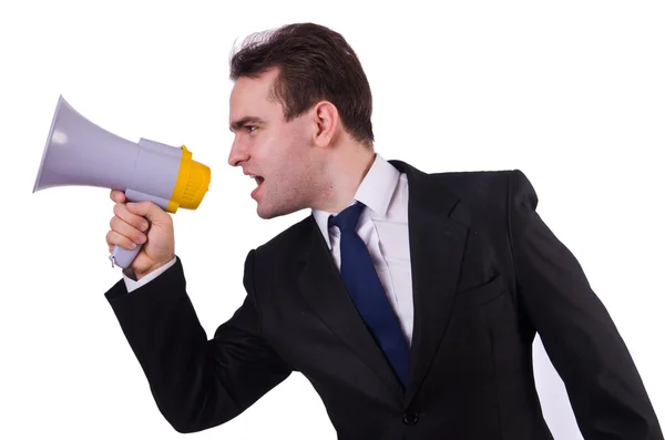 Young businessman with loudspeaker on white — Stock Photo, Image