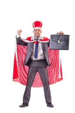 Kralcılık oynayan iş adamı beyazda izole edilmiş.