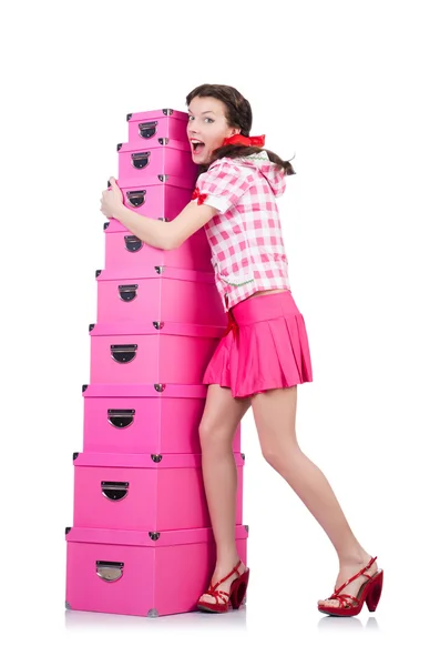 Young woman with storage boxes on white — Stock Photo, Image