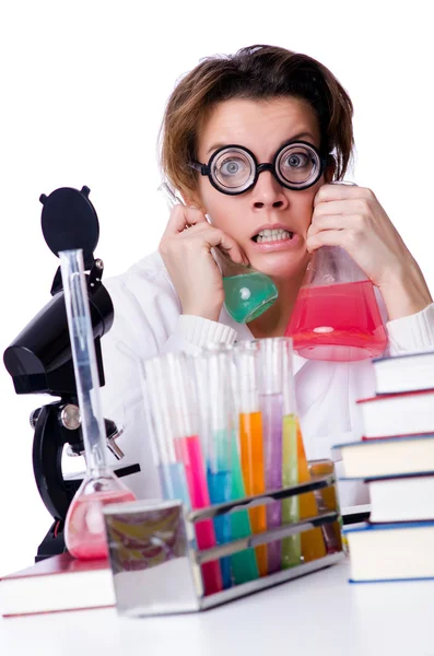 Crazy woman chemist in lab — Stock Photo, Image