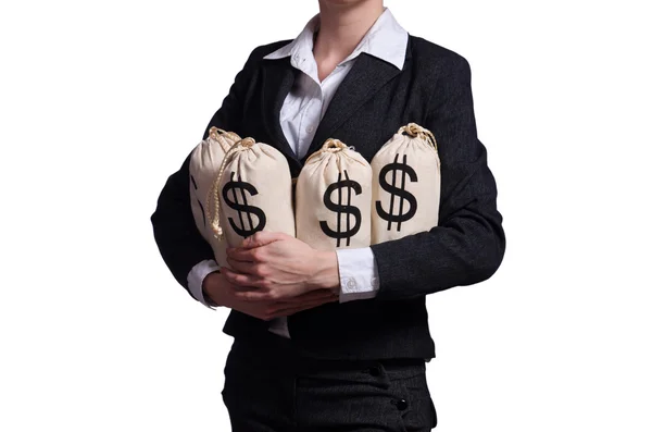 Woman with sacks of money on white — Stock Photo, Image