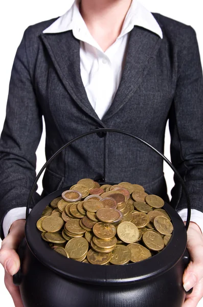 Woman holding pot of gold coins — Stock Photo, Image