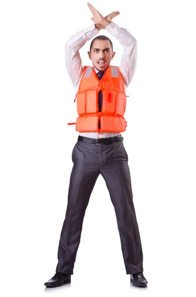 Επιχειρηματίας με ασφάλεια vest διάσωσης σε λευκό — Φωτογραφία Αρχείου