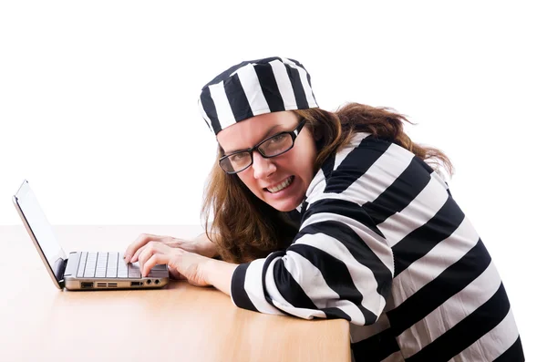 Criminele hacker met laptop op witte — Stockfoto