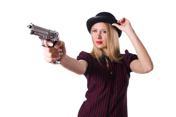 Mujer gangster con pistola en blanco — Foto de Stock