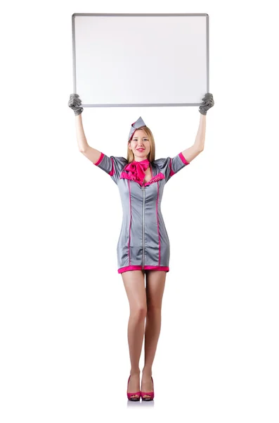 Stewardess with blank board on white — Stock Photo, Image