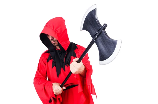 Executioner in red costume with axe on white — Stock Photo, Image