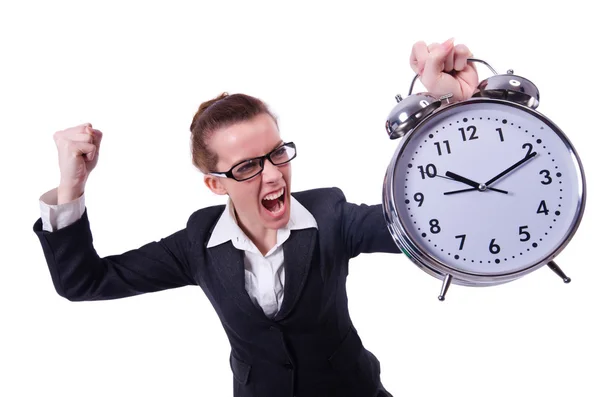 Funny woman with clock on white — Stock Photo, Image