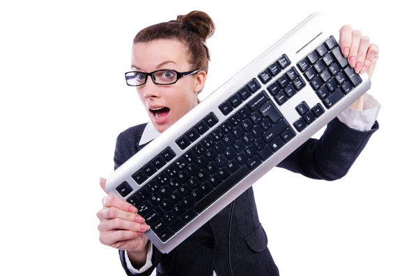 Nerd zakenman met toetsenbord van de computer op wit Stockfoto