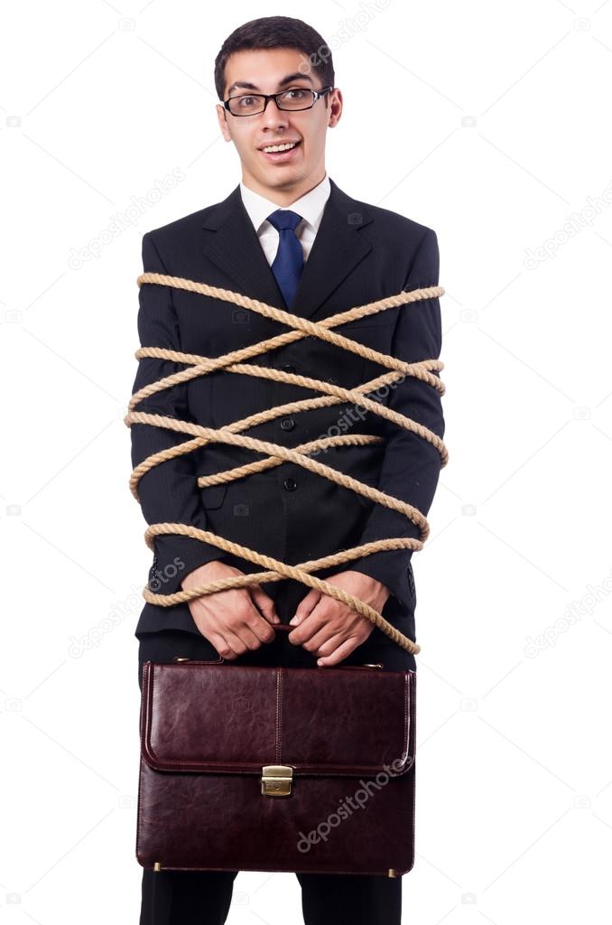 Businessman tied up with rope on white