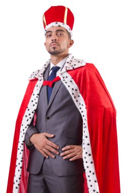 Kralcılık oynayan iş adamı beyazda izole edilmiş.