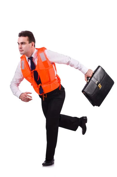 Businessman with rescue safety vest on white — Stock Photo, Image