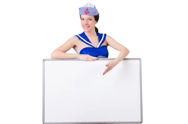 Stewardess with blank board on white — Stock Photo, Image