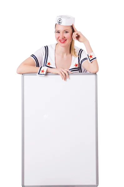 Woman sailor with blank board on white — Stock Photo, Image