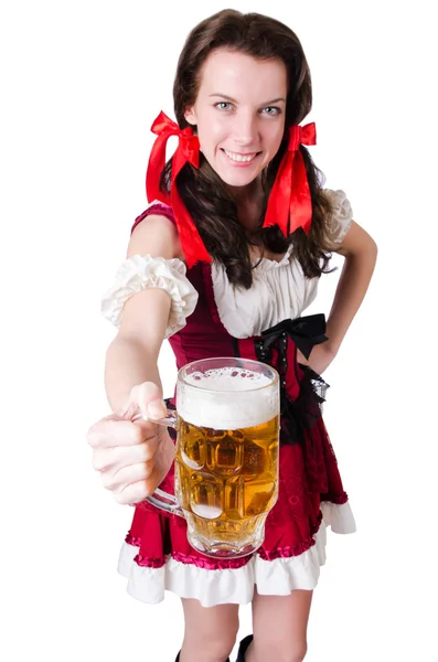 Bavarian girl with tray on white — Stock Photo, Image