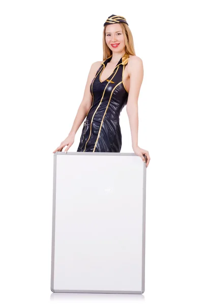 Tall airhostess with blank board on white — Stock Photo, Image