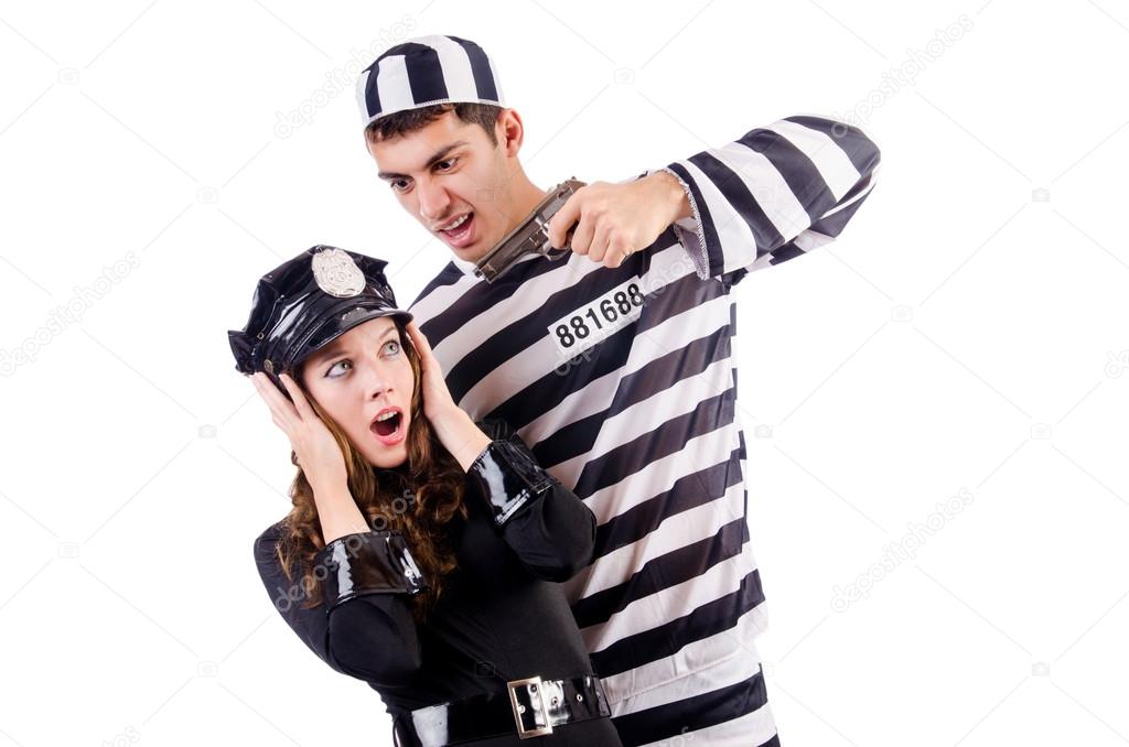 Police and prison inmate on white