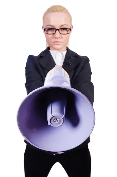 Woman businesswoman with loudspeaker on white — Stock Photo, Image