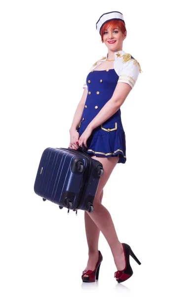 Airhostess with luggage on white — Stock Photo, Image