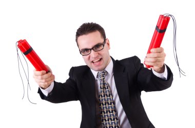 Dinamiti olan bir iş adamı beyazda izole edilmiş.