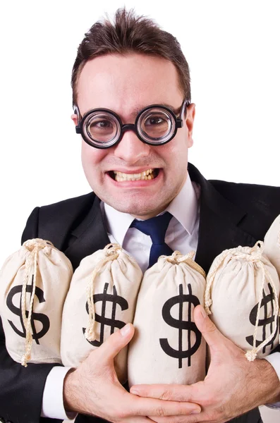 Mann mit Geldsäcken auf Weiß — Stockfoto