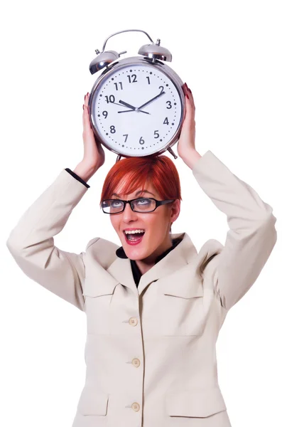 Femme d'affaires avec horloge sur blanc — Photo