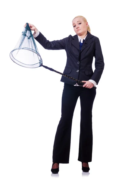 Businesswoman with catching net on white — Stock Photo, Image