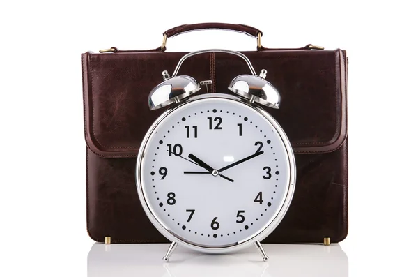 Alarm clock and briefcase isolated on white — Stock Photo, Image