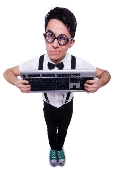 Nerd hacker met toetsenbord van de computer op wit — Stockfoto