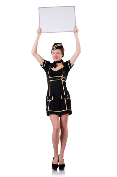 Stewardess met leeg bord op wit — Stockfoto