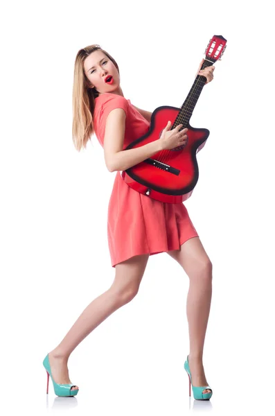 Female guitar player isolated on white — Stock Photo, Image