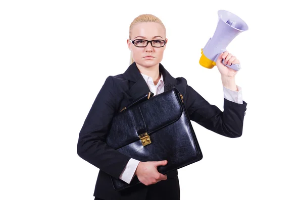 Woman businesswoman with loudspeaker on white — Stock Photo, Image