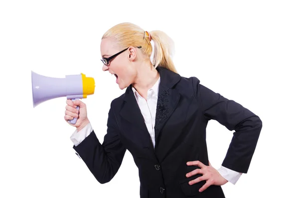 Woman businesswoman with loudspeaker on white — Stock Photo, Image