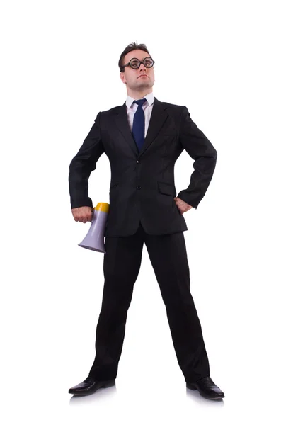 Young businessman with loudspeaker on white — Stock Photo, Image