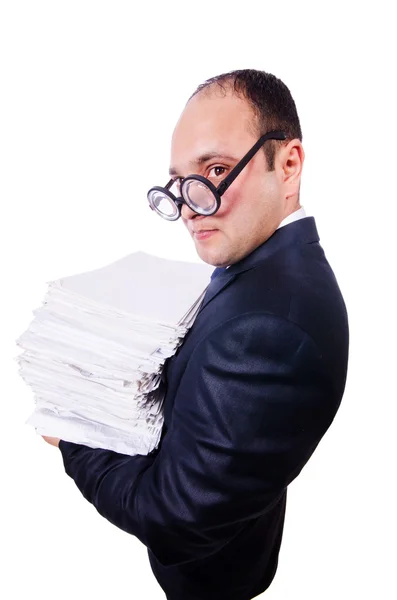 Funny man with lots of folders on white — Stock Photo, Image