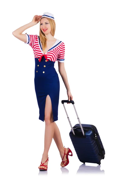 Airhostess with luggage on white — Stock Photo, Image