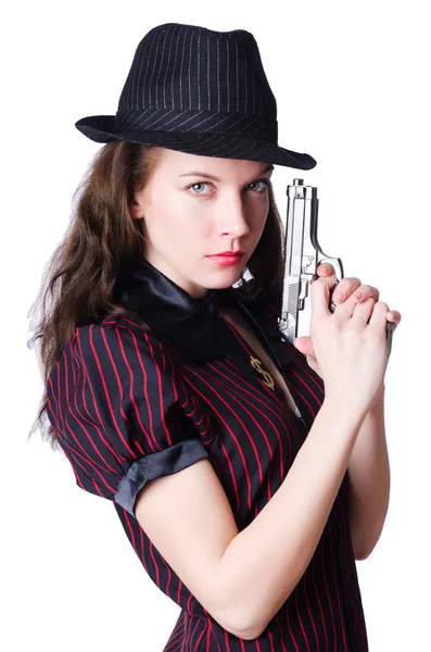 Gangster donna con pistola su bianco — Foto Stock