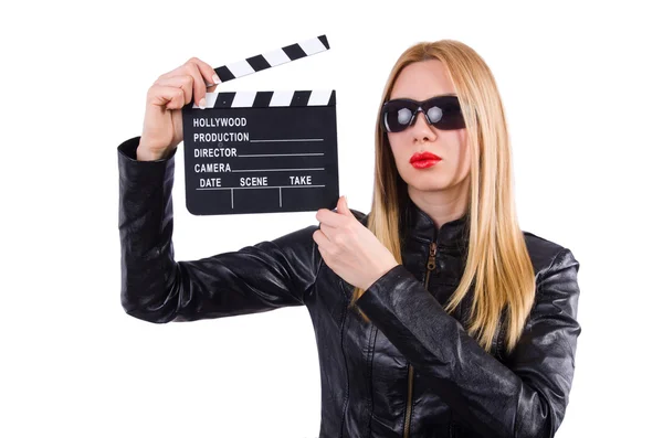 Woman with movie clapper on white — Stock Photo, Image