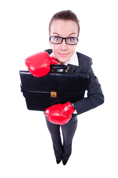 Mulher com luvas de boxe em branco — Fotografia de Stock