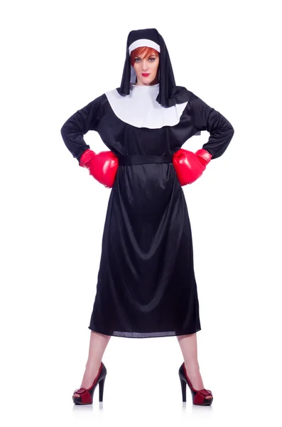 Nun with boxing gloves isolated on white — Stock Photo, Image