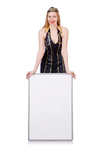 Tall airhostess with blank board on white — Stock Photo, Image