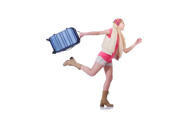 Young woman ready for summer vacation on white — Stock Photo, Image