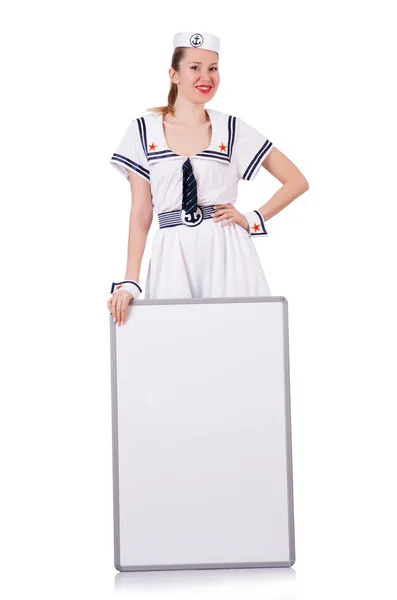 Mulher marinheiro com placa em branco no branco — Fotografia de Stock