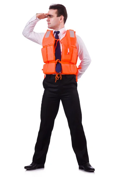 Uomo d'affari con gilet di sicurezza di salvataggio su bianco — Foto Stock