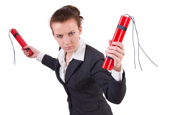 Businesswoman with dynamite on white — Stock Photo, Image