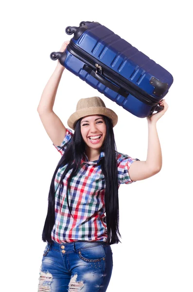 Young woman ready for summer vacation on white Royalty Free Stock Photos