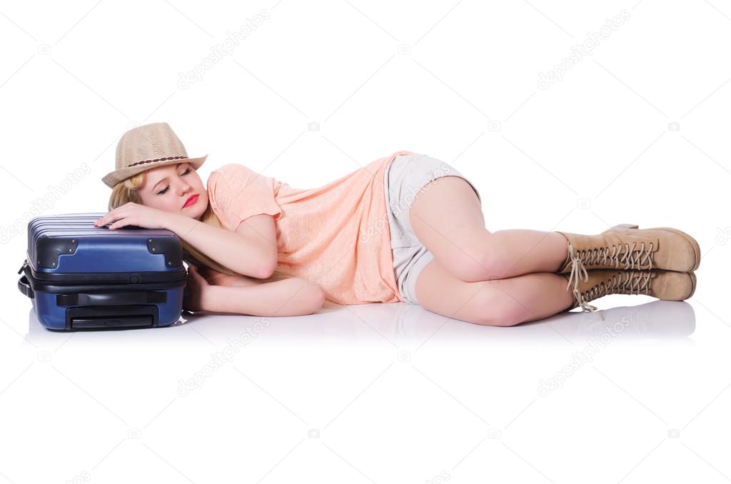 Young woman ready for summer vacation on white