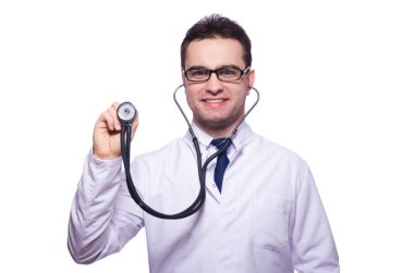 Genç erkek doktor beyazı izole etti.